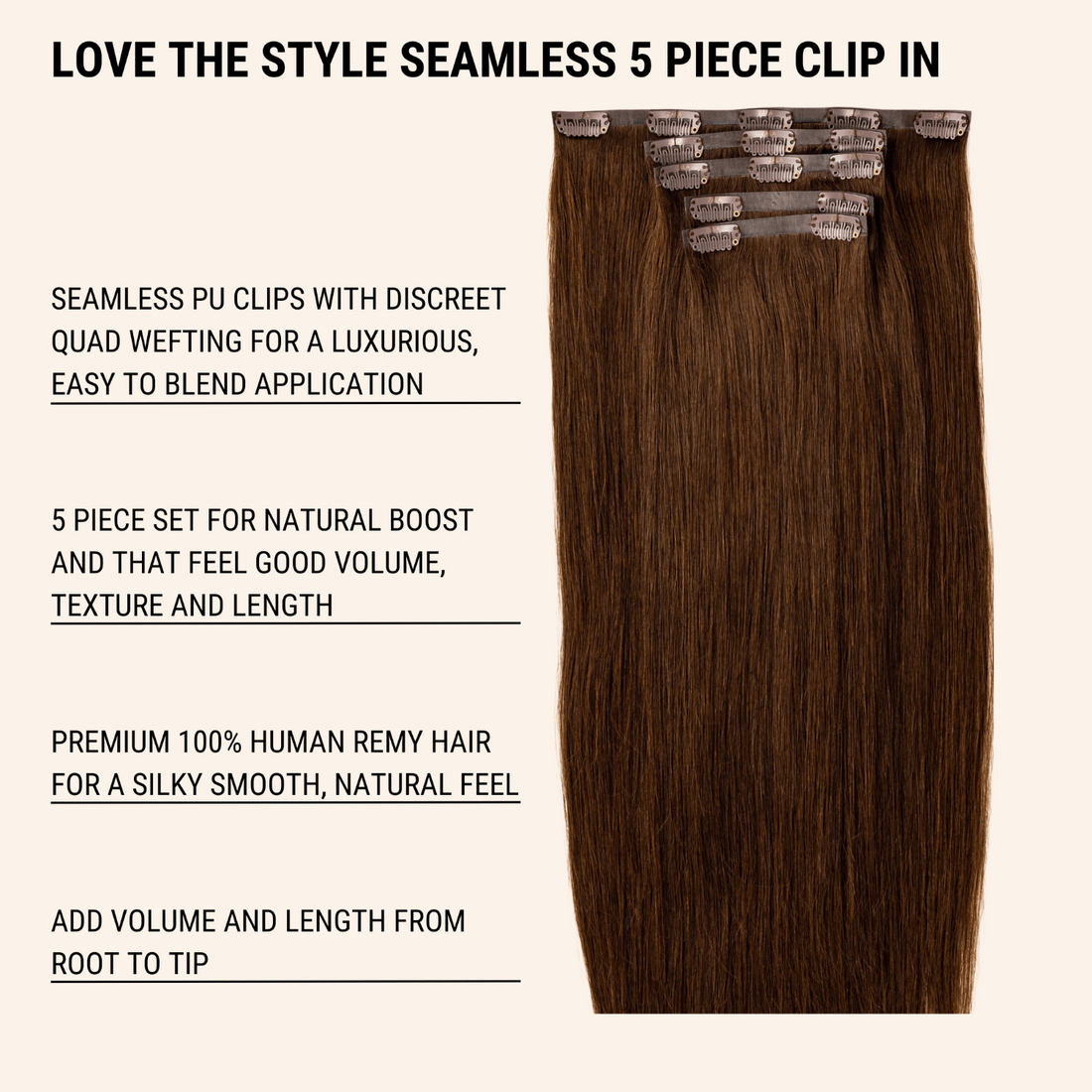Invisible Clip-in - 5 Piece Natural Volume - Black & Brunette Shades - Human Remy Hair Extensions