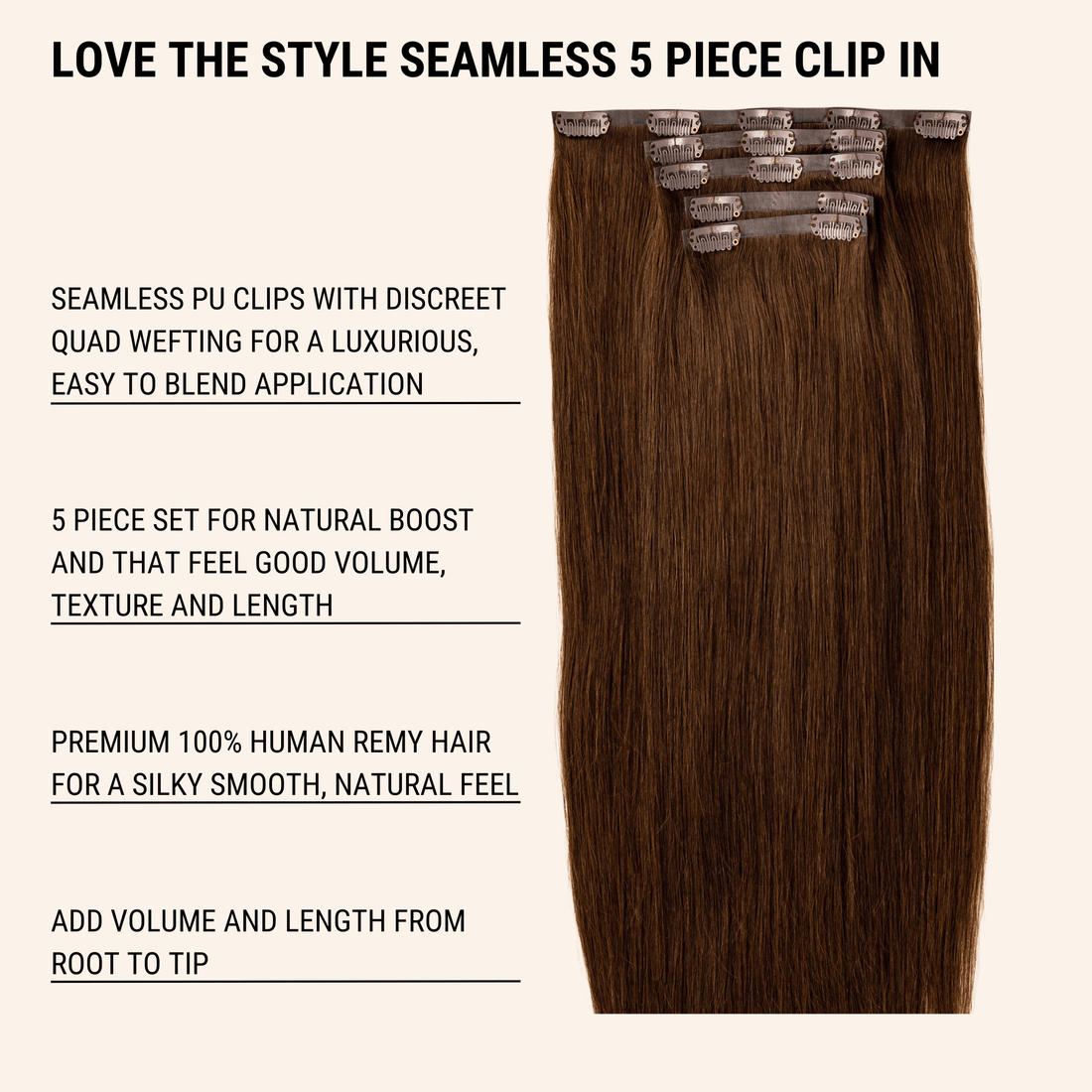 Seamless Clip-in - 5 Piece Natural Volume - Human Remy Hair Extensions