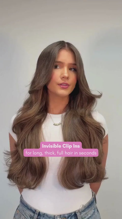 Invisible clip-in extensions reveal, brunette hair